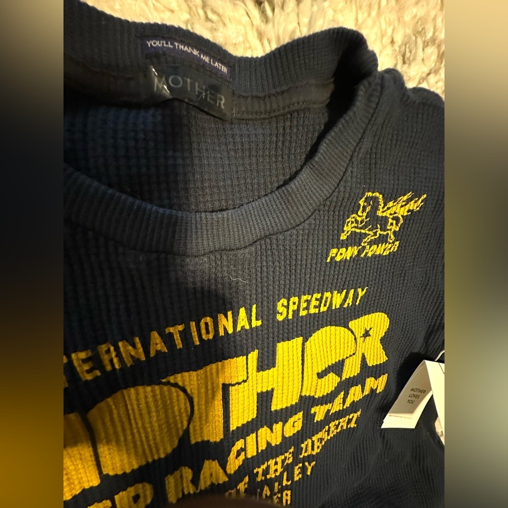 MOTHER Navy / Yellow Long Sleeve Racing Thermal Waffle Cropped Tee. RARE! - Picture 5 of 7